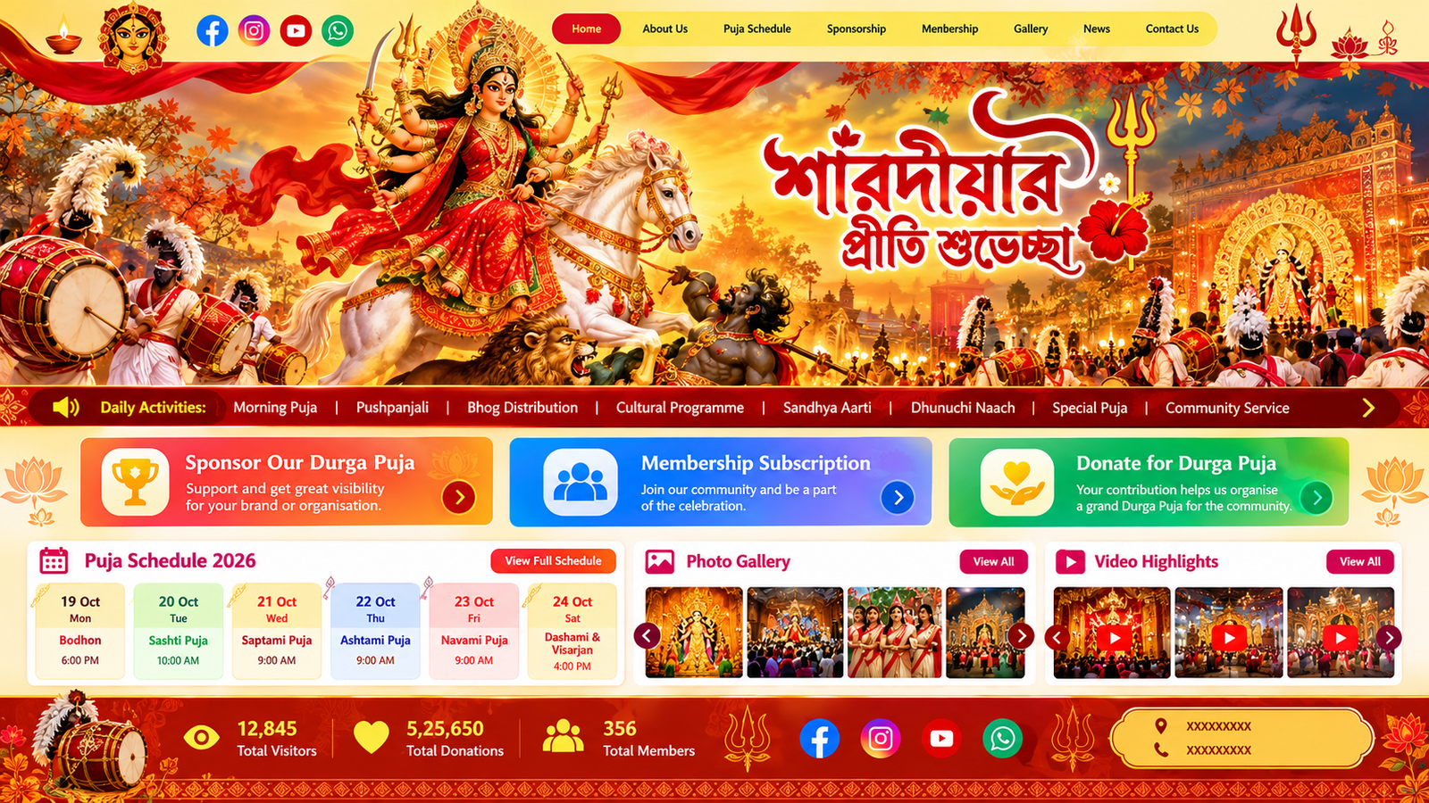 Maa Durga arriving on a horse with dhak and Durga Puja celebration